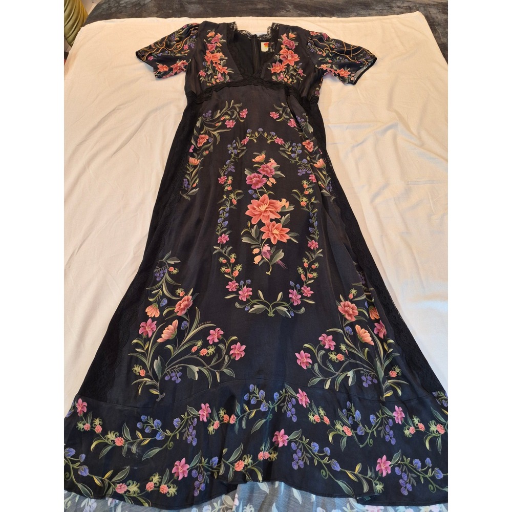 Farm Rio Black Floral Lace Trim Maxi Slip Dress Short Sleeve V-Neck XL Lined - Picture 6 of 11